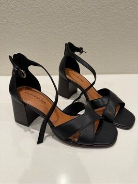 Lucky Brand Black Leather Crisscross Block Heel Sandals